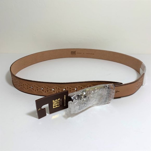 Frye Embellished Leather Buckle Belt Tan Gold Size Large NEW - Picture 3 of 9